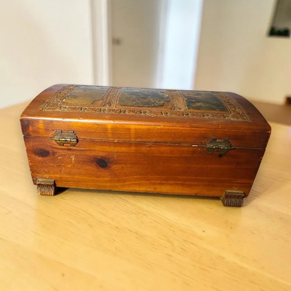 Vintage Carved Cedar Wood Jewelry Box Mirror Cottage Scene Footed Keepsake